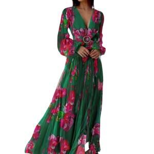 KOANDAILY Green Floral Maxi Dress Size M Long Sleeve front Slit V-Neck Boho